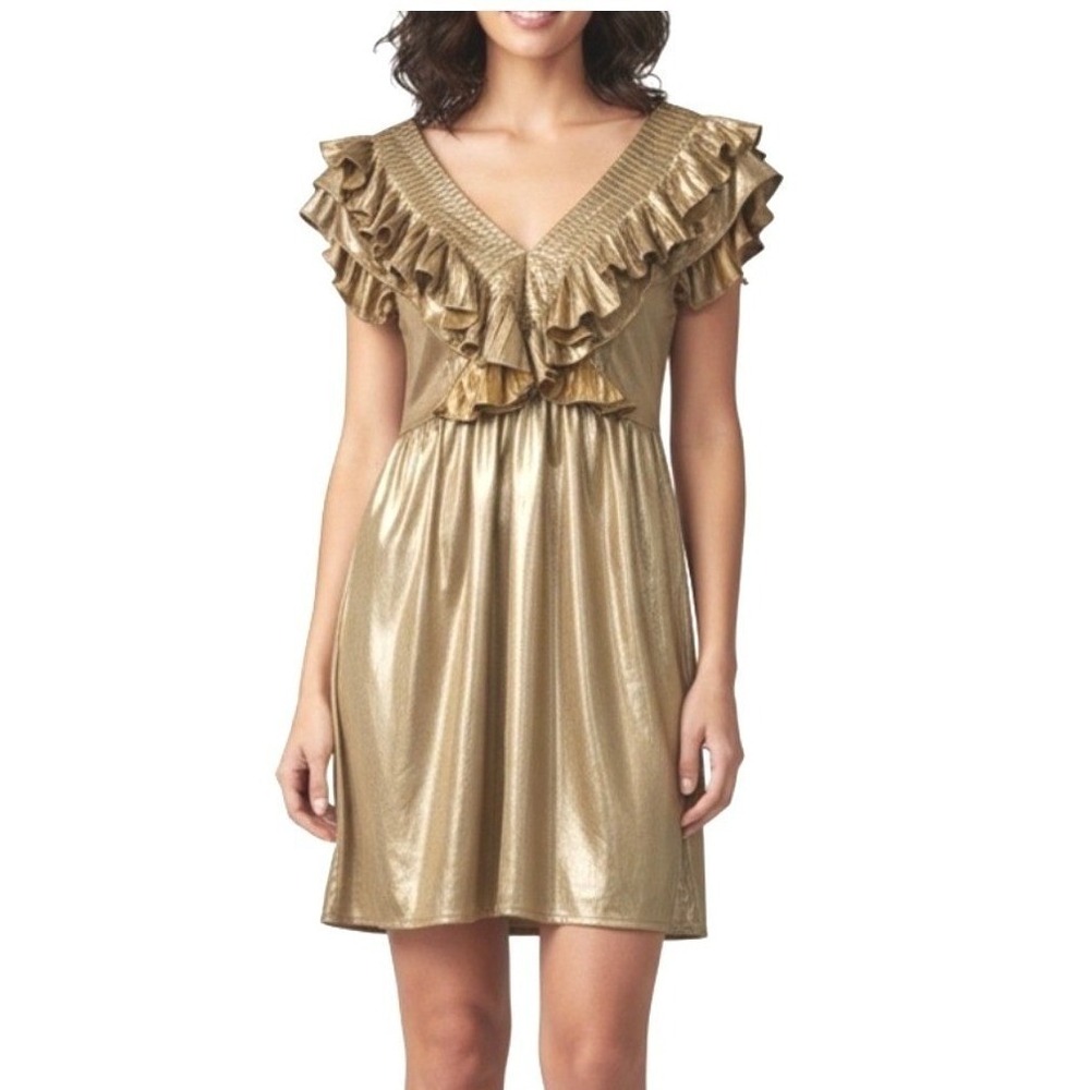 entro Metallic Gold Ruffle V-Neck Mini Dress